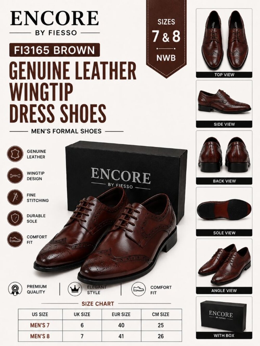 NWB Fiesso FI3165 Genuine Leather Wingtip Dress Shoes Brown Sizes 7 & 8